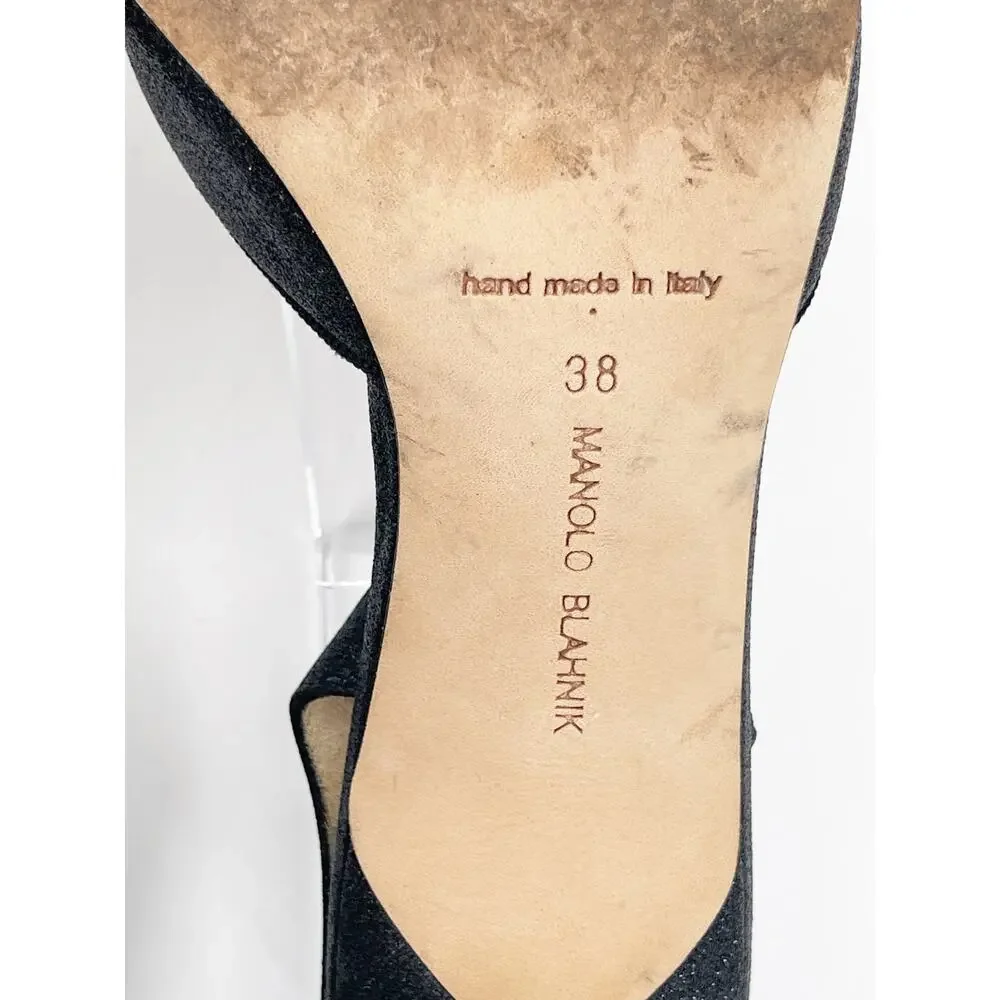 Manolo Blahnik Carolyne Black Glitter Pointed Toe Slingback Stiletto Heels IT 38